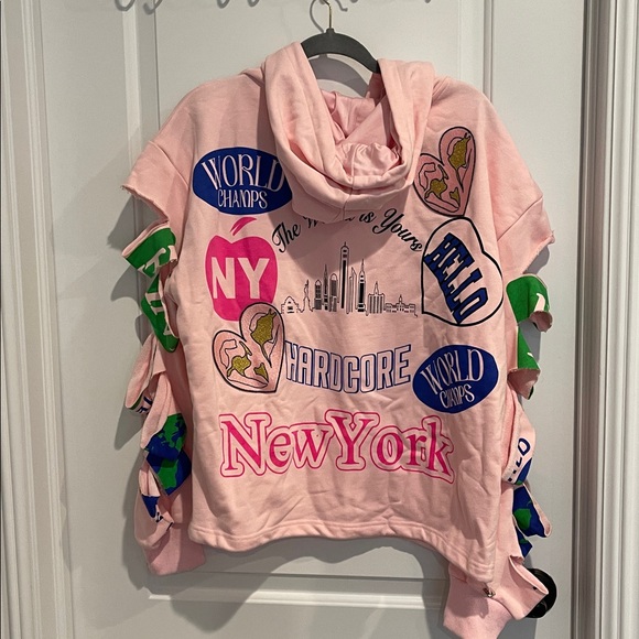 AKIRA Light Pink Hoodie with NYC logos patches, all over so cute - Picture 3 of 10